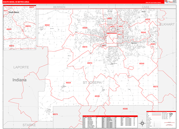 South Bend Metro Area Wall Map Red Line Style